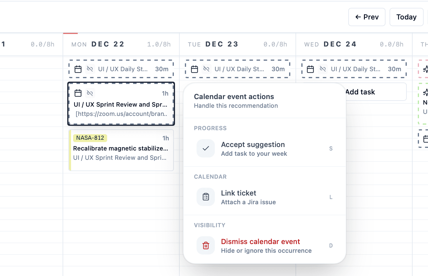 Calendar suggestions pull in external events and let you turn them into time blocks with one click.