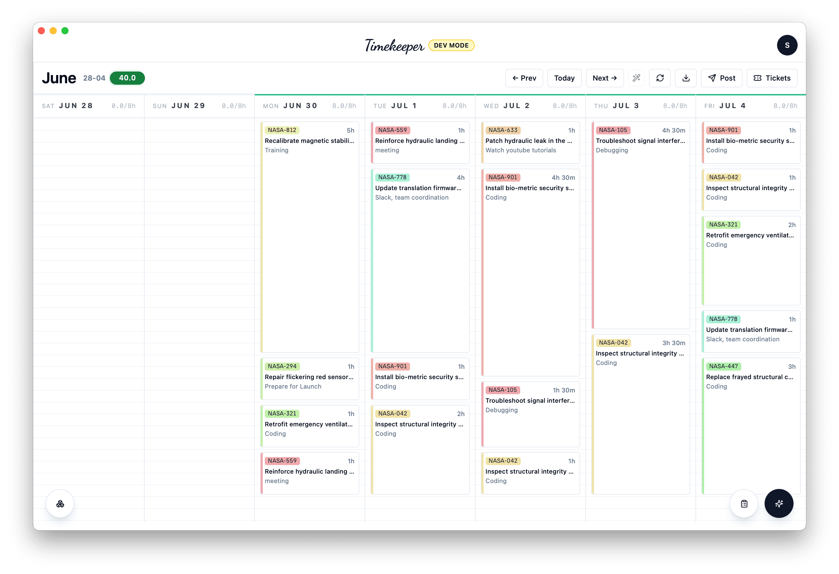 Timekeeper's weekly view with 15-minute time blocks